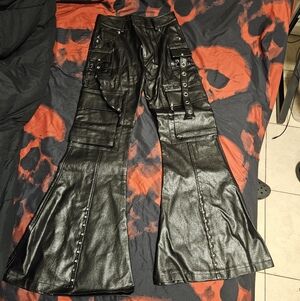 Black Flared Leather Pants with Studded Details